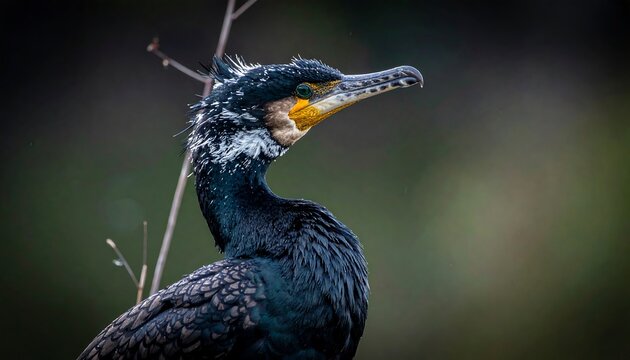 Close up of a Great Cormorant bird with dark feathers and yellow beak.