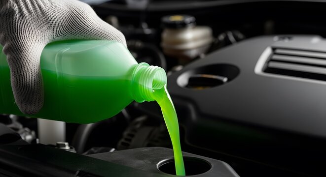 Car Maintenance: Technician Adding Bright Green Antifreeze Coolant Liquid to Engine Reservoir