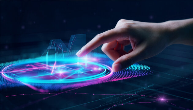 Financial technology (Fintech) concept with user interacting with a virtual dashboard