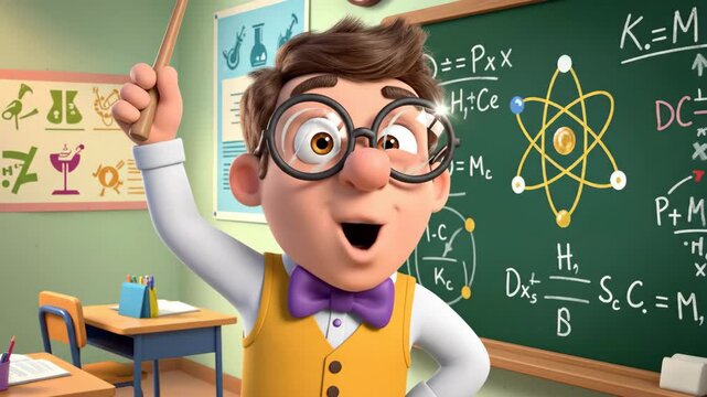 Cartoon teacher explains science diagram with pointer and blackboard illustration