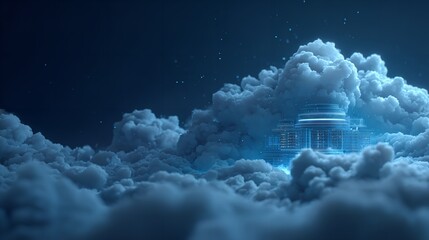 Futuristic structure surrounded by fluffy clouds with a dark blue night sky in the background