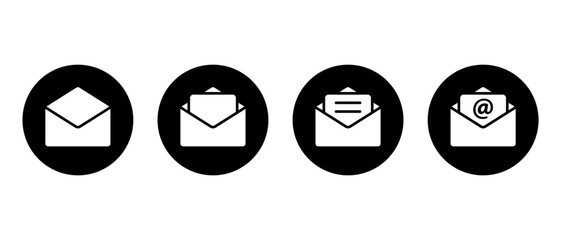Email envelope icon set in black circle. Open mail with letter and mention symbol