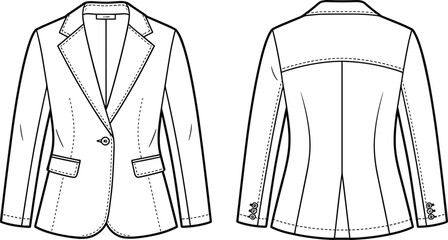 Classic women blazer technical flat sketch, tailored jacket front and back view, vector fashion design template for apparel presentation illustration