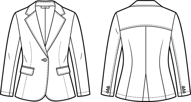 Classic women blazer technical flat sketch, tailored jacket front and back view, vector fashion design template for apparel presentation illustration