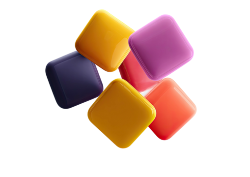 Glossy squares overlap in array of bright colors on black