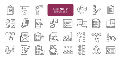 Set of line icons related to survey, rating, opinion, feedback. Outline icons collection