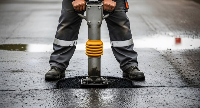 Industrial Road Maintenance: Worker Operating Hand Tamper to Repair Asphalt Pothole