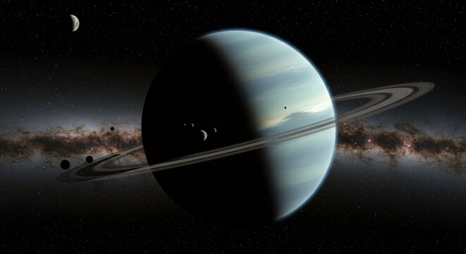 Saturn's breathtaking view with its iconic rings, moons and a mesmerizing galactic backdrop - Powered by Adobe