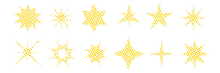 Set Half Tone Star Burst Vector Ideal for comic, retro, explosive, promotional, and graphic design accents that require a dynamic, high-impact background effect.
