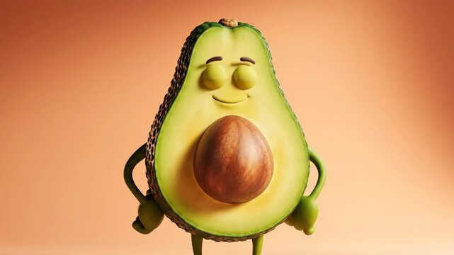 An anthropomorphic avocado with a smiling face arms and legs stands against a smooth gradient background Its pit is prominent