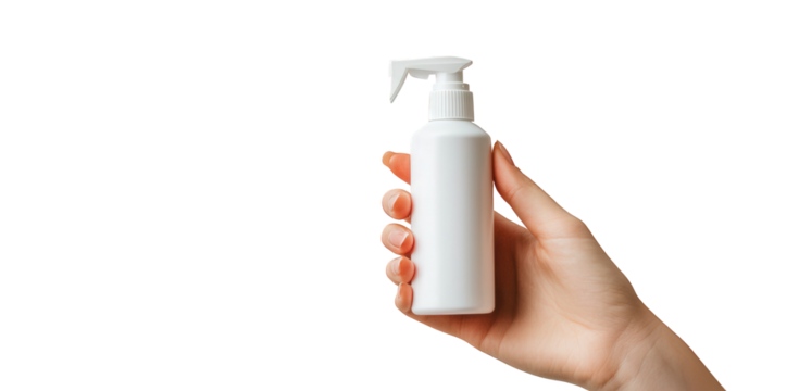 Hand holding a white spray bottle isolated on transparent background, showcasing cleanliness, hygiene, and personal care in a minimalist and professional manner