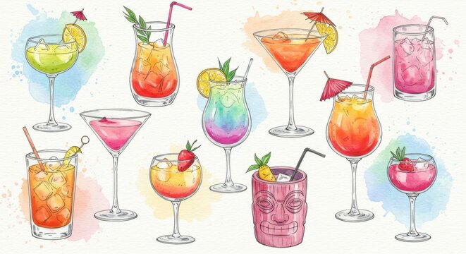 Watercolor illustration featuring a collection of vibrant and diverse cocktail drinks