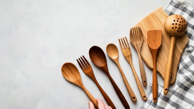 Assorted natural wooden kitchen utensils arranged on light background with hands
