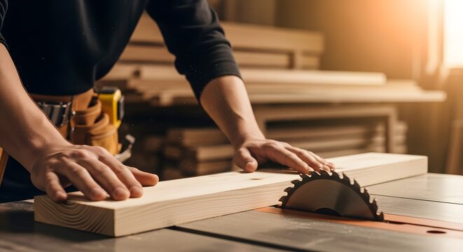 Professional Carpenter Hands Cutting Wood Plank with Circular Table Saw Blade in Workshop