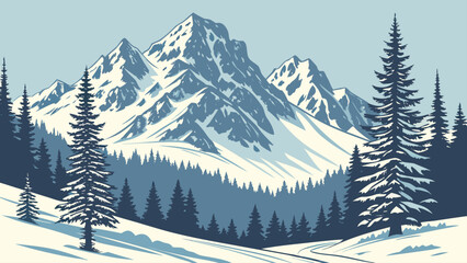 A winter landscape featuring snow covered mountains and evergreen trees in a stylized illustration
