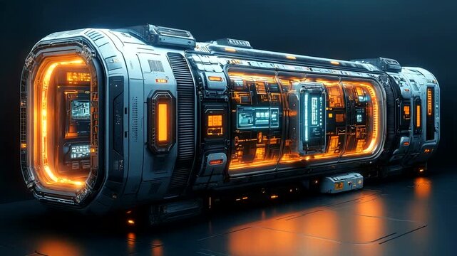 Futuristic sci-fi capsule with glowing orange lights