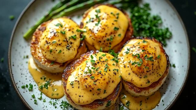 Delicious eggs benedict served on a plate with greens