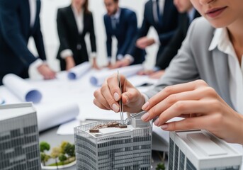 Woman architect adjusts building model with tweezers in office setting