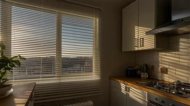 Sunlit kitchen interior with horizontal blinds casting shadows on walls and counter, featuring a window view of city buildings.
