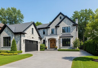 Two story luxury house exterior with stone facade and manicured lawn