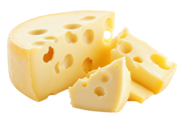 A closeup of a swiss cheese wedge and slices isolated on transparent background, showcasing its characteristic holes and creamy texture, appealing to cheese enthusiasts