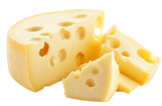 A closeup of a swiss cheese wedge and slices isolated on transparent background, showcasing its characteristic holes and creamy texture, appealing to cheese enthusiasts