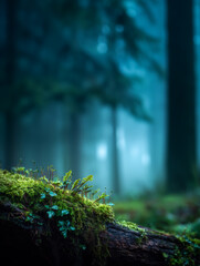 Natural mossy podium on log with mystical forest bokeh background.This image is perfect for a vertical product display (mockup) symbolizing wellness, spa, nature, serenity, and clean, natural branding