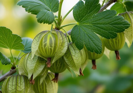 Close up of green gooseberries on a branch with leaves in detail