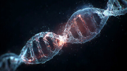 DNA strand emerging from swirling cosmic energy, glowing with light as molecular structure forms from radiant particles in a mystical space-inspired scientific scene.