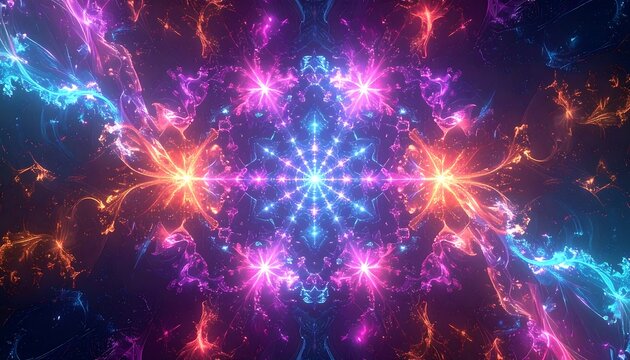 A vibrant, symmetrical display of cosmic energy swirls in the dark