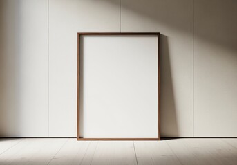 Fototapeta premium Minimalist art frame on wooden floor against a white wall interior