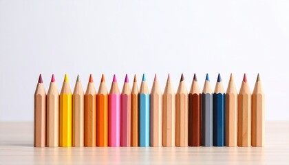 Row of vibrant colored pencils on a white surface, creating a spectrum of artistic possibilities