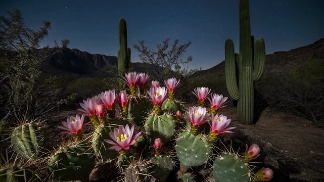 Cactus en floraci&oacute;n con vibrantes flores rosadas en el desierto al anochecer, con saguaros y monta&ntilde;as de fondo.
