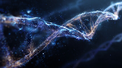 DNA strand emerging from swirling cosmic energy, glowing with light as molecular structure forms from radiant particles in a mystical space-inspired scientific scene.