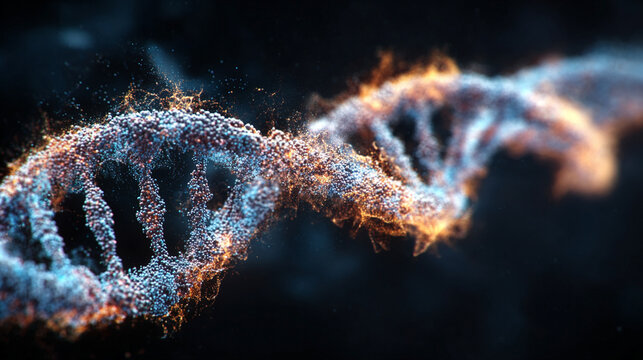 DNA strand emerging from swirling cosmic energy, glowing with light as molecular structure forms from radiant particles in a mystical space-inspired scientific scene. - Powered by Adobe