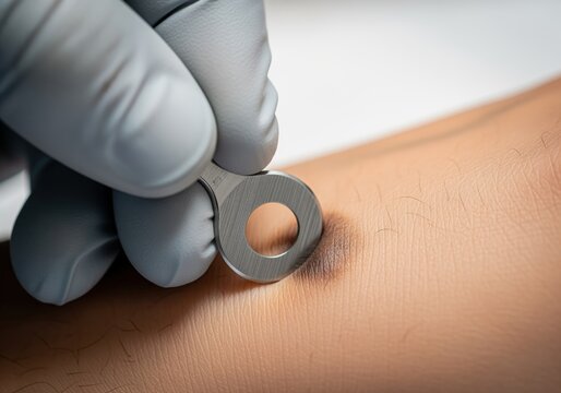 Dermatologist uses biopsy punch tool on skin mole for sampling