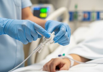 Nurse adjusts IV drip with surgical gloves in the hospital room