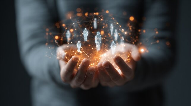 A person holds a glowing digital sphere with holographic figures, symbolizing connection, technology, and innovation.