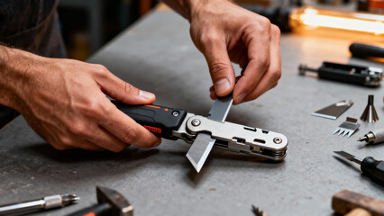 Skilled masculine hands changing scraper blade on multi tool with steady tool holding by other hand and scattered attachments on workbench nearby.