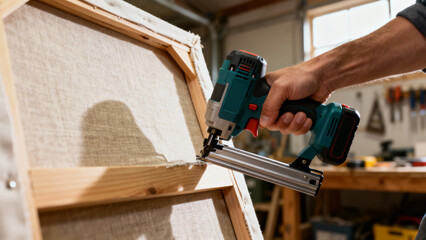 Hand using cordless stapler to attach fabric sheet to wooden frame with captured moment of impact with firm hand and visible staple after driving in workshop setting.