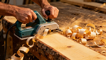Masculine hands pushing electric planer along rough wooden beam with large wood shavings curling from tool and piling on workbench creating smooth wood surface.