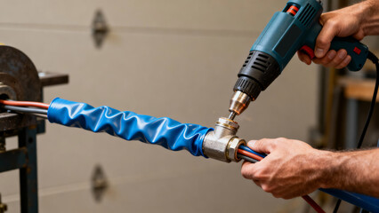 Steady masculine hands using heavy duty heat gun to shrink large heat shrink tubing over wire splice with smooth plastic contortion and tightening.