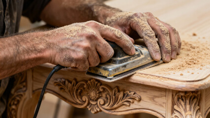 Tired but skilled masculine hands sanding detailed carving on furniture with finishing sander creating atmosphere of professional craftsmanship and meticulous labor.