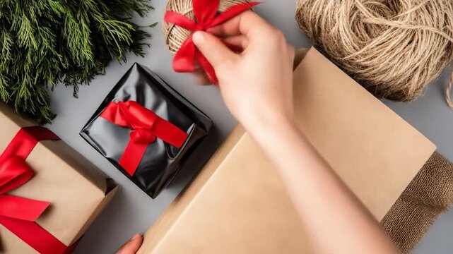 Elegant gift packaging materials red ribbon twine grey background