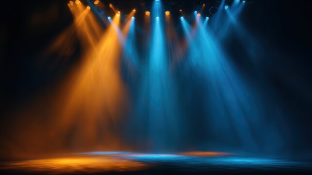 A dramatic stage illuminated by blue and orange lights, creating a vibrant atmosphere with soft fog swirling below.