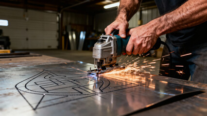 Focused masculine hands with visible vein precisely maneuvering jigsaw through complex penciled pattern on thin metal sheet with sparks flying from cutting blade against industrial garage background.