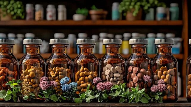 Amber Bottles of Natural Supplements Pills and Capsules on an Apothecary Shelf Representing Holistic and Alternative Medicine.