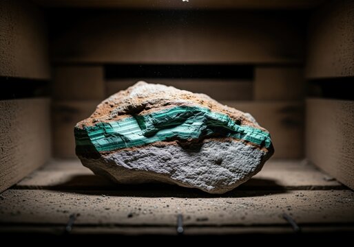 Eroded malachite and azurite ore embedded in gray stone matrix