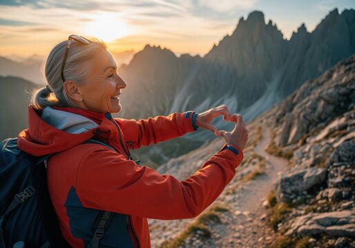 Woman on mountain trail at sunset makes heart shape with hands