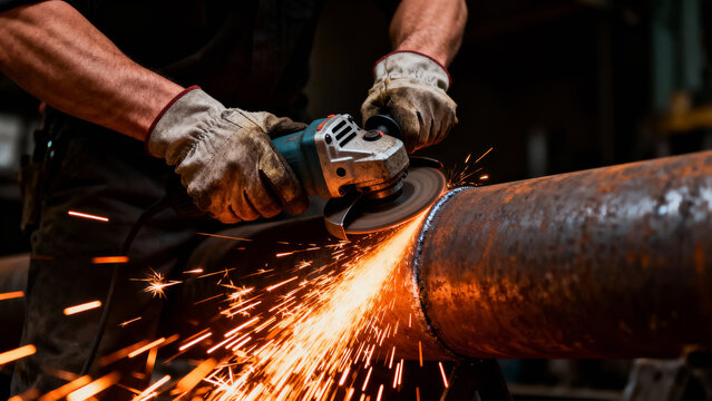 Strong arms and hands in protective gloves cutting large steel pipe with angle grinder with powerful shower of bright orange sparks flying towards ground and illuminating hands and tool.